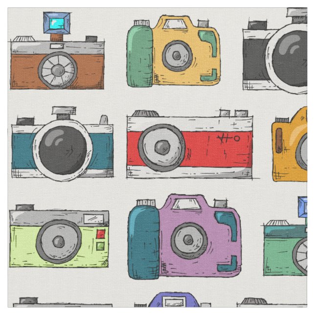 Retro multi-coloured camera. Rainbow photo pattern Fabric (Close Up)