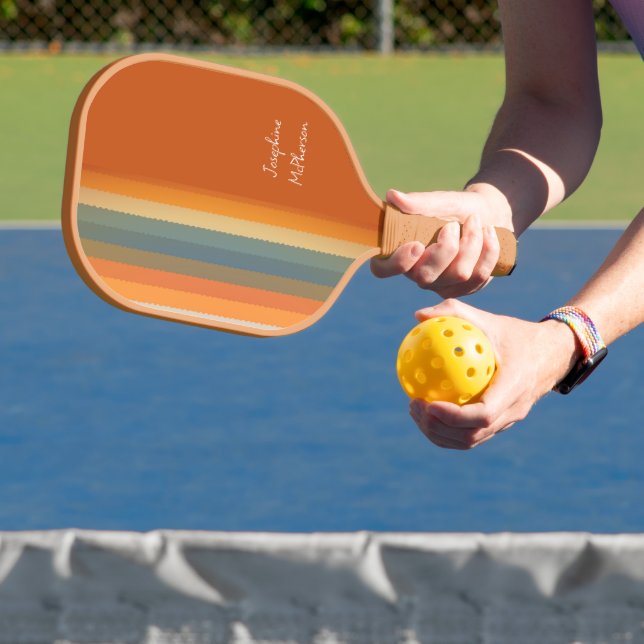 Retro Multi-coloured Pastel Stripes personalise Pickleball Paddle (Insitu)