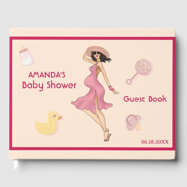Retro Mum Brunette 2 Baby Shower Party Guest Book (Front)