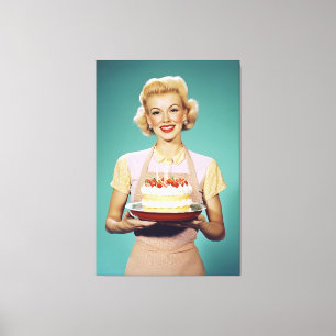 Retro Mum Holding a Celebration Cake Canvas Print