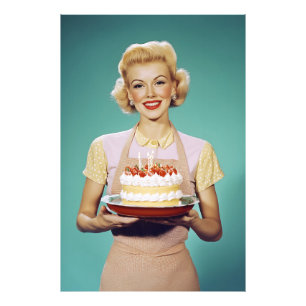 Retro Mum Holding a Celebration Cake Photo Print