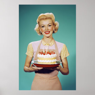 Retro Mum Holding a Celebration Cake Poster