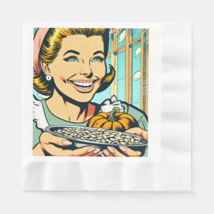 Retro Mum holding Plate of Halloween Pumpkin Seeds Napkin