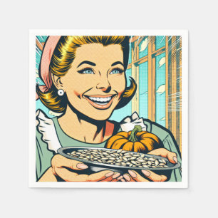Retro Mum holding Plate of Halloween Pumpkin Seeds Napkin