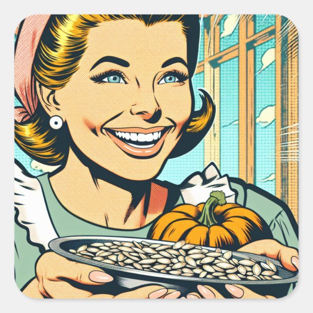 Retro Mum with Tray of Pumpkin Seeds Halloween Square Sticker (Front)