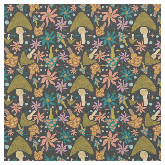 Retro Mushroom Floral Black Pattern Fabric (Close Up)