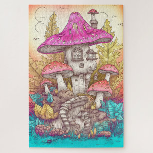 Retro Mushroom Village Illustration Art Jigsaw Puzzle