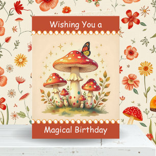 Retro Mushrooms and Butterfly   Friend's Birthday Card