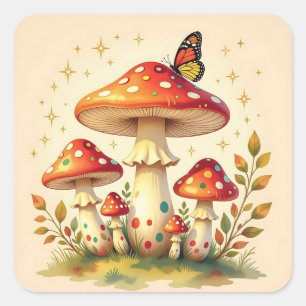 Retro Mushrooms and Butterfly Vintage Colors Square Sticker