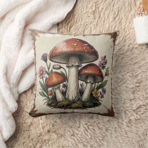 Retro Mushrooms and Flowers Vintage Vibes Cushion