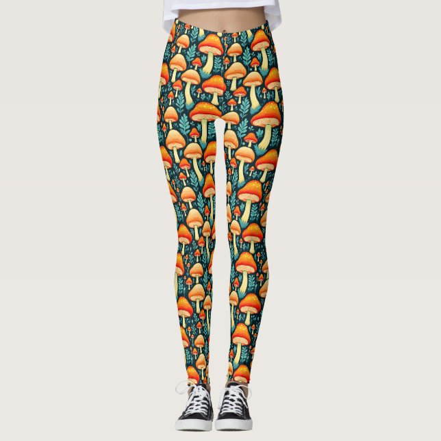 Retro Mushrooms in Orange and Blue Leggings (Front)