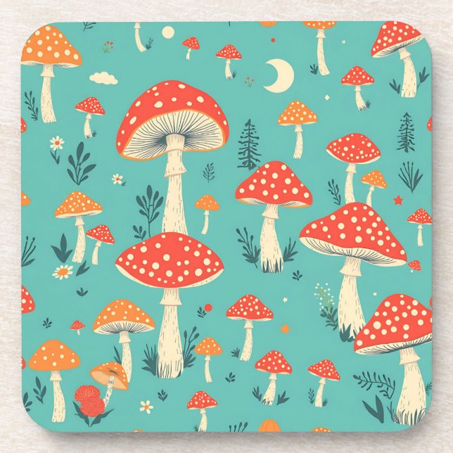 Retro Mushrooms in Vintage Colours Coaster (Front)