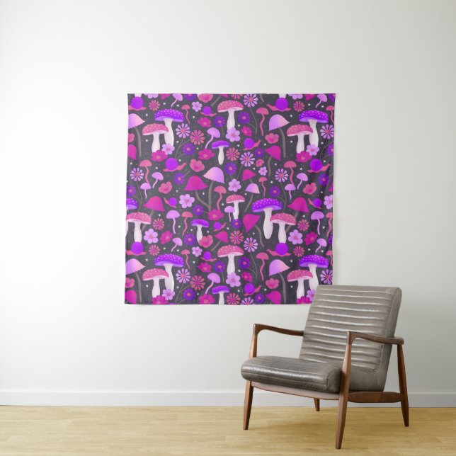 Retro Mushrooms Psychedelic Purple, Pink & Black Tapestry (In Situ)