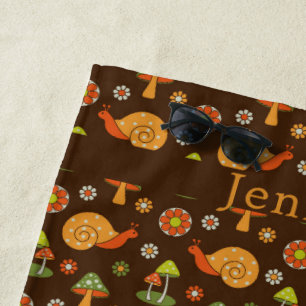 Retro Mushrooms & Snails Cottagecore Personalised Beach Towel