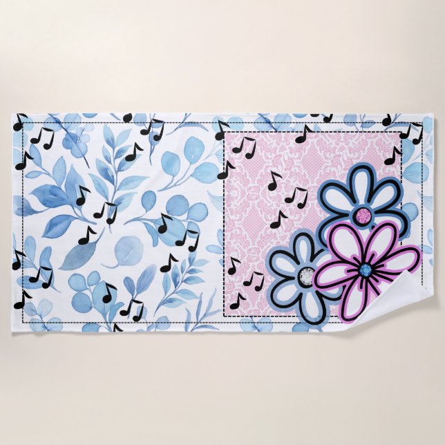 Retro music and floral beach towel (Front)