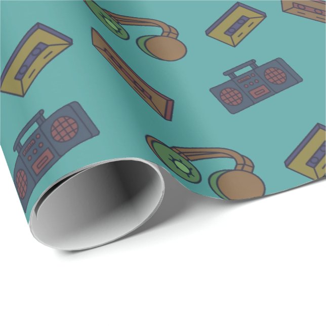 Retro Music Audio Collage Teal Wrapping Paper (Roll Corner)