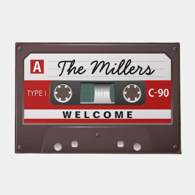 Retro Music Cassette Look with Welcome Family Name Doormat (Front)