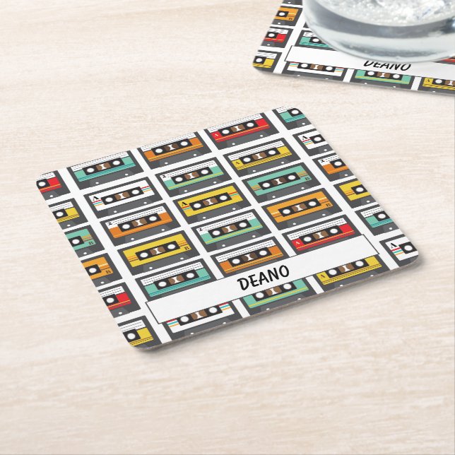 Retro Music Cassette Tape DJ and Musician Square Paper Coaster (Angled)
