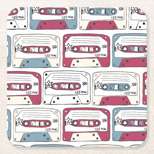 Retro Music Cassettes: Rock Background Pattern Square Paper Coaster (Front)