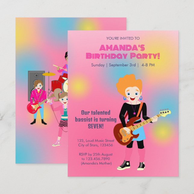 Retro music girls band Birthday Party Invitation Postcard (Front/Back)