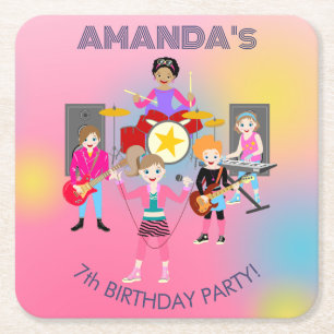 Retro music girls band Birthday Party Square Paper Coaster