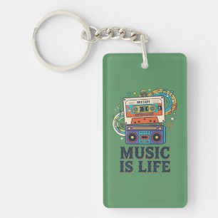 Retro Music Is Life Mixtape & Boombox Design. Key Ring
