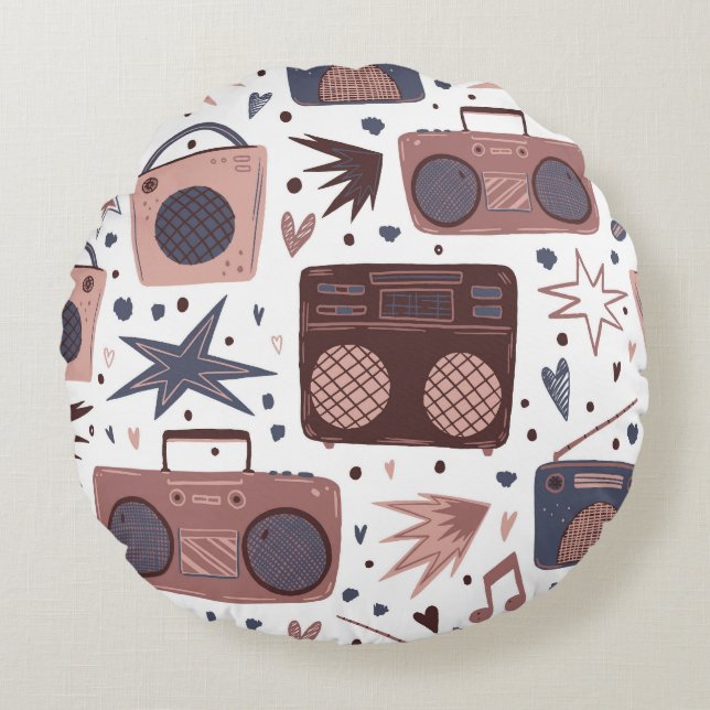 Retro Music Seamless Vintage Pattern. Round Cushion (Front)