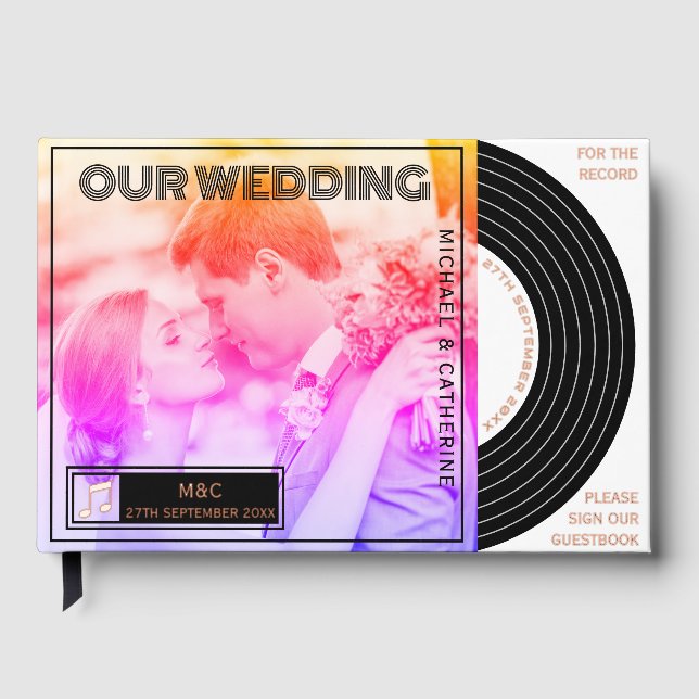 Retro Music Vinyl Record Cover Wedding Guest Book (Front)