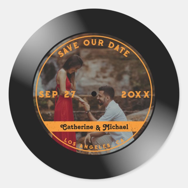 Retro Music Vinyl Record Photo Wedding Round  Classic Round Sticker (Front)