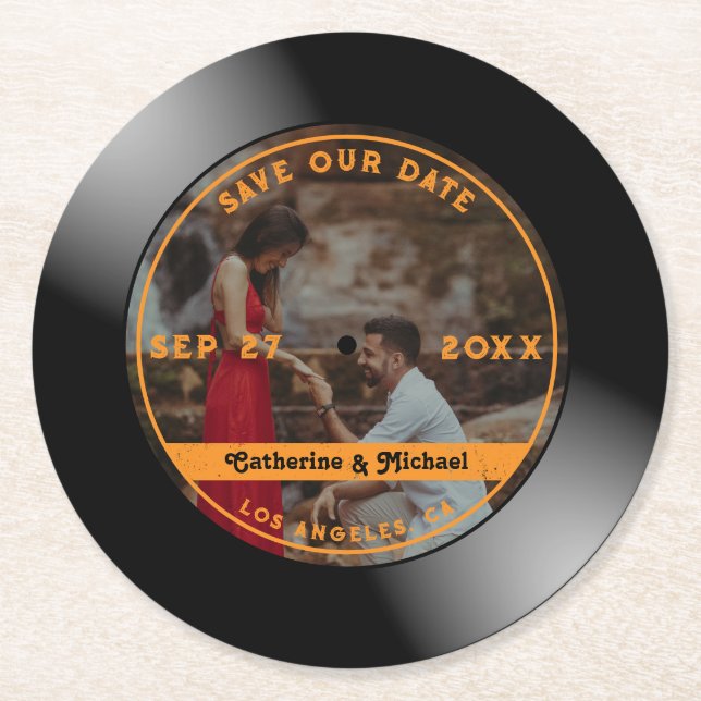 Retro Music Vinyl Record Photo Wedding Round   Round Paper Coaster (Front)