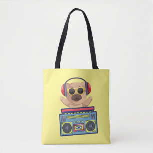 RETRO MUSICAL PUG AND CASSETTE PLAYER   TOTE BAG