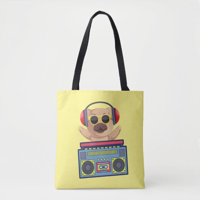 RETRO MUSICAL PUG AND CASSETTE PLAYER   TOTE BAG (Front)