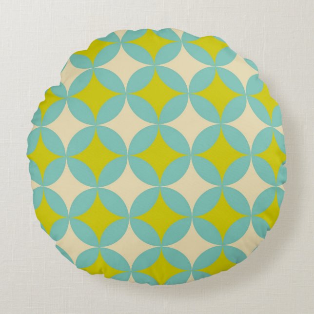 Retro Mustard and Teal Geometric Circle Pattern Round Cushion (Front)