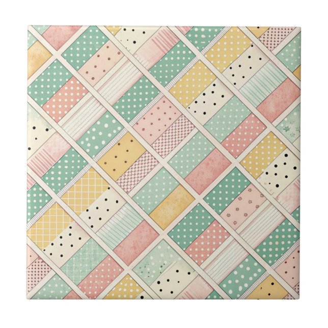 Retro Mustard Geometric Diamond Plaid Dot Ceramic Tile (Front)