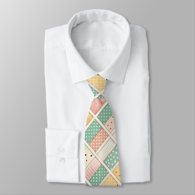 Retro Mustard Geometric Diamond Plaid Dot Tie (Tied)