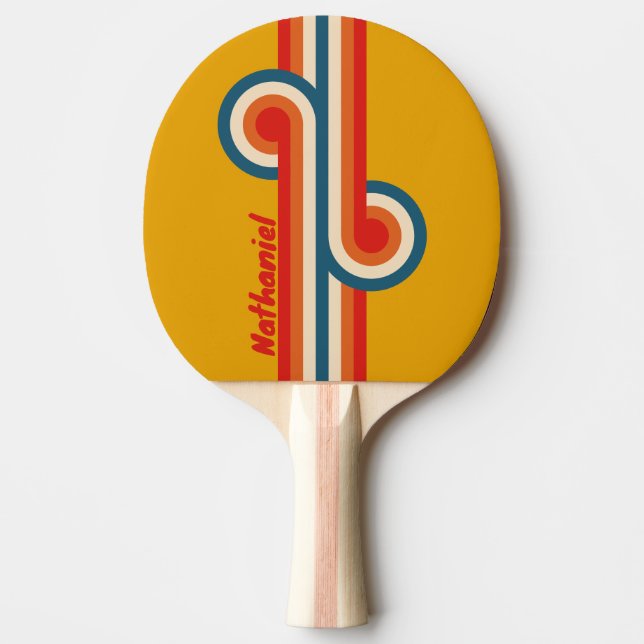 Retro Mustard Stripe Loop with Name Ping Pong Paddle (Front)