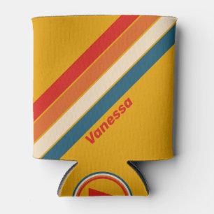 Retro Mustard Stripes with Name Can Cooler