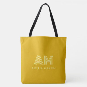 Retro Mustard Yellow and Pale Lemon Monogram Tote Bag