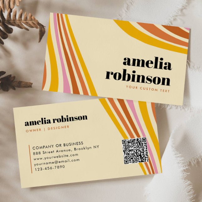 Retro Mustard Yellow Brown Pink Boho Lines Minimal Business Card (Creator Uploaded)