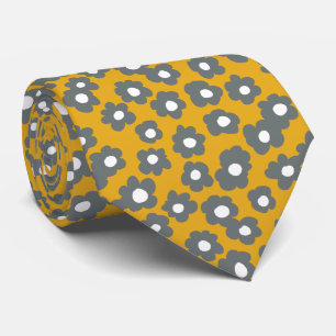 Retro Mustard Yellow Grey Floral Neck Tie