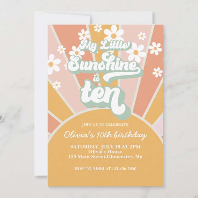 Retro My Little Sunshine daisy 10th birthday Invitation (Front)