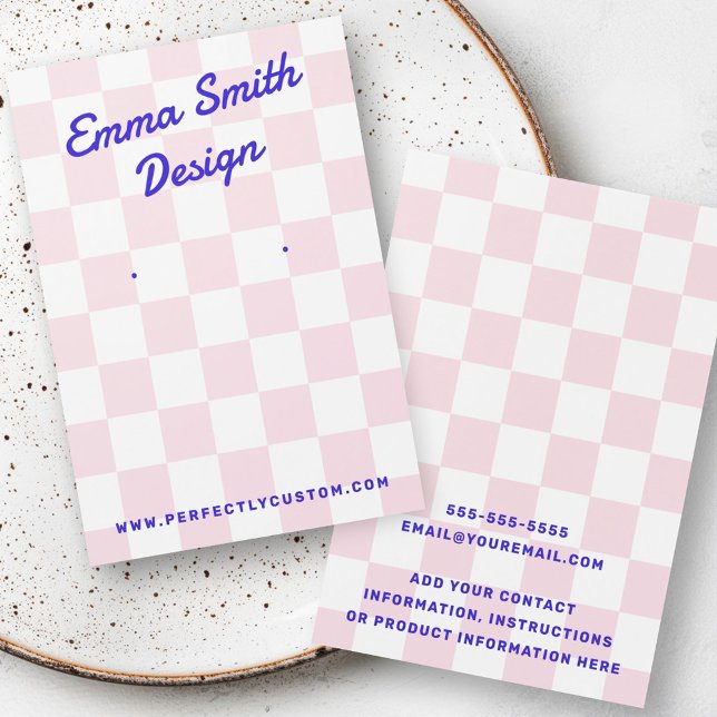 Retro name light pink white checkers earring card (Retro name light pink white checkers earring card)