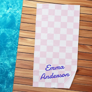 Retro name light pink white chequerboard pattern beach towel