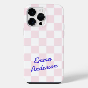 Retro name light pink white chequerboard pattern iPhone 14 pro max case