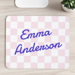 Retro name light pink white chequerboard pattern mouse pad<br><div class="desc">Mousepad featuring your name in blue a blue,  retro style font over a pale pink and white chequerboard pattern.</div>