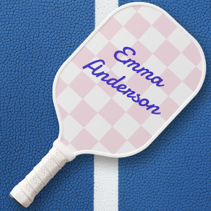 Retro name light pink white chequerboard pattern pickleball paddle