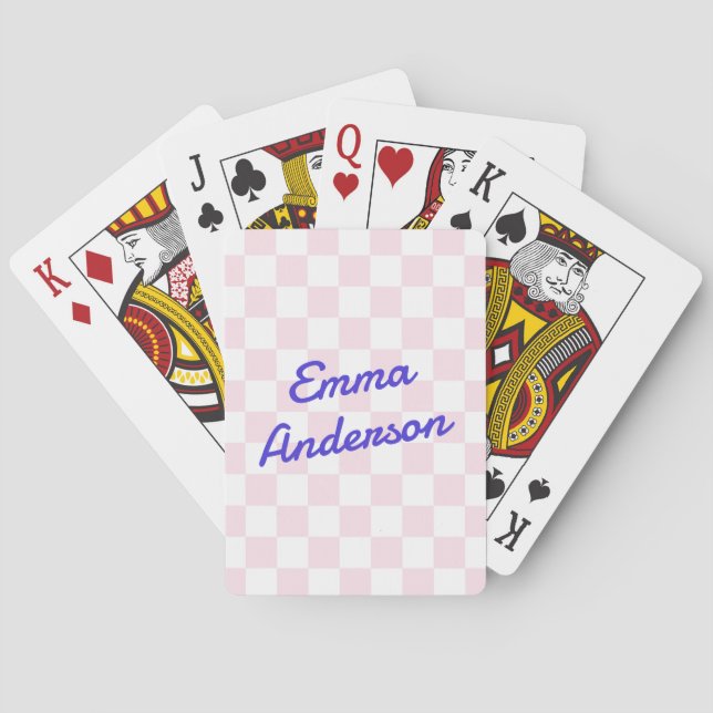 Retro name light pink white chequerboard pattern playing cards (Back)
