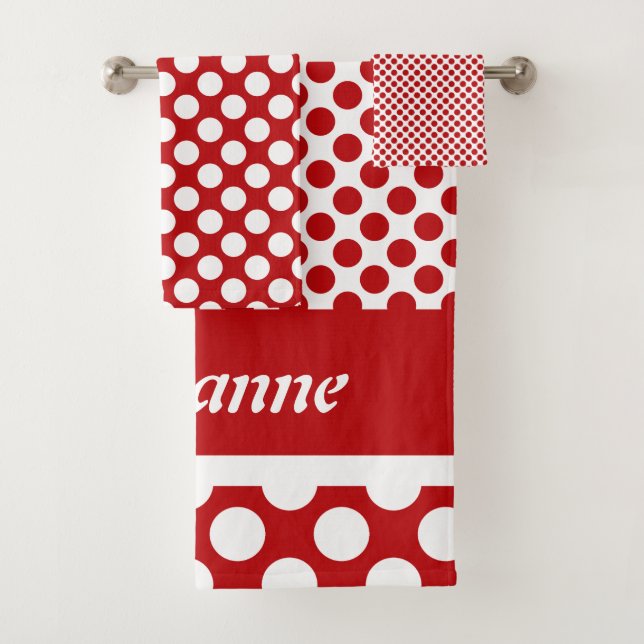 Retro Named Red Polka Dot Bath Towel Set (Insitu)