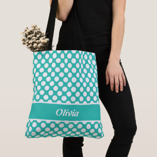 Retro Named Turquoise & White Polka Dot Tote Bag
