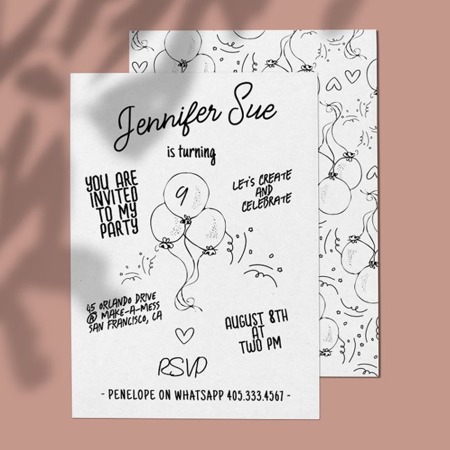 Retro Names Doodle Modern Balloon Birthday Invitation (Creator Uploaded)